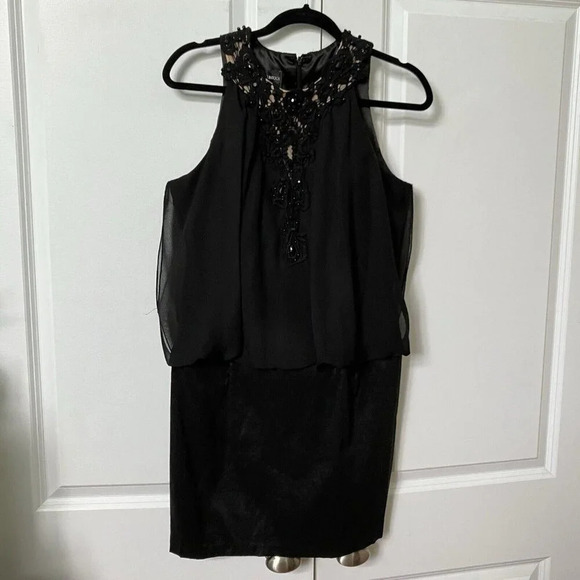 Jessica McClintock Black Beaded Halter Faux 2 PC Mini Dress 90s Y2K - Picture 1 of 6